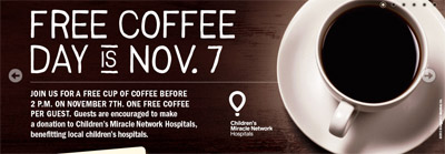 Free Coffee at Bruggers Bagels November 7th